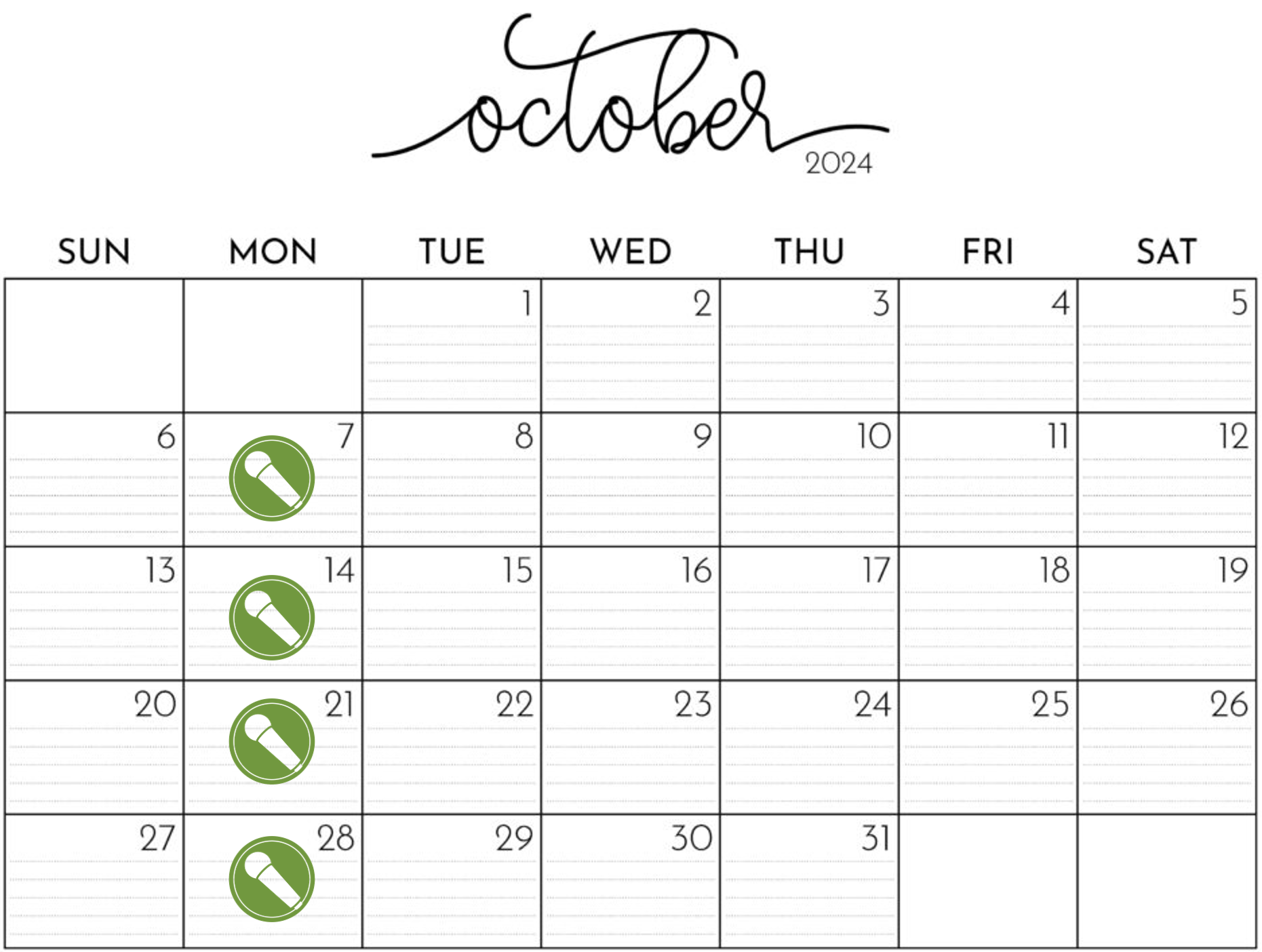 Oct calendar with PSI dates