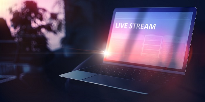 Live Stream on Beautiful Space Gray New Model of Stylish Contemporary Notebook. Evening Education Concept. 3D Rendering.